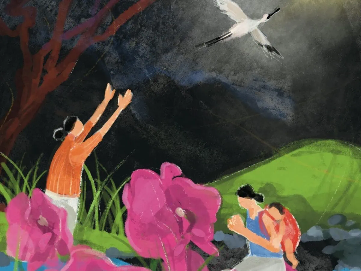 En la parte izquierda del cuadro, una mujer extiende los brazos hacia un pájaro que se aleja volando: en la parte inferior derecha, una mujer se arrodilla en postura de oración, con un niño a la espalda. Detalle de la imagen de portada de la Jornada Mundial de Oración 2023 de Taiwán; creada por el artista Hui-Wen Hsiao.