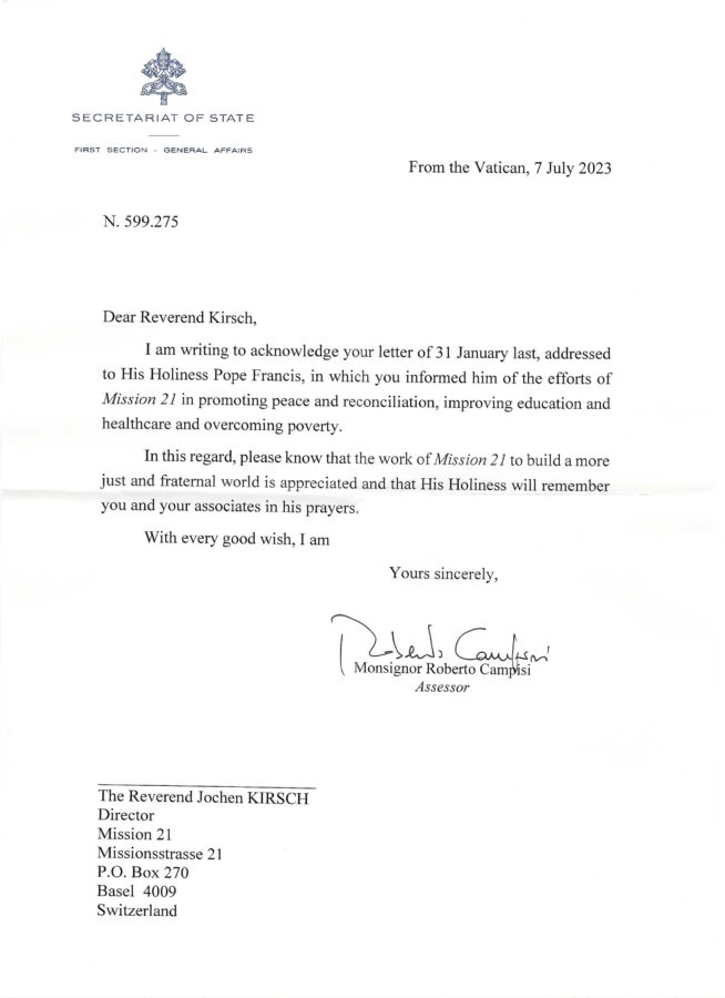 Foto des Briefes vom 7. Juli 2023 aus dem Vatikan, in dem die Wertschätzung von Papst Franziskus übermittelt wird.