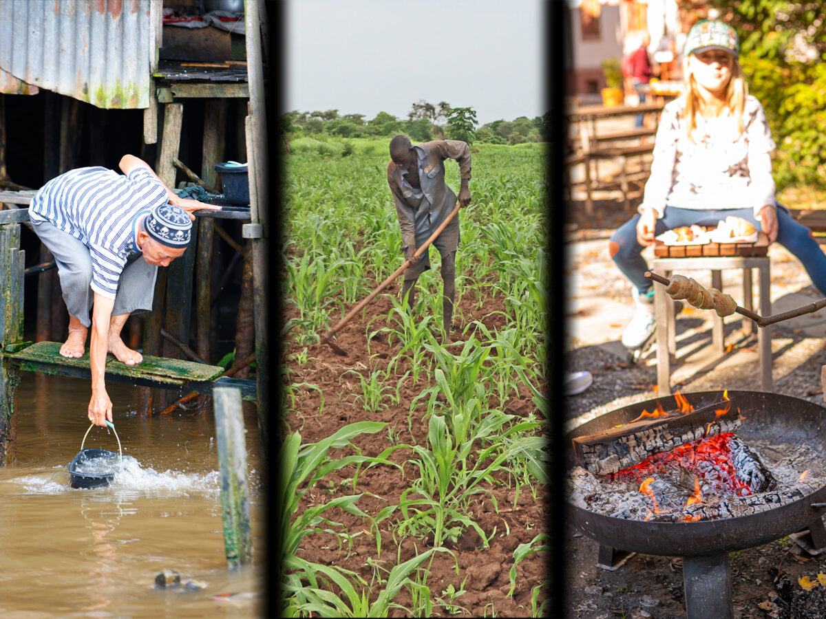 Ein Splitscreen-Bild mit einer Frau, die Wasser schöpft, in Indonesien, einem Bauern im Südsudan und einem Mädchen, das hinter einem Grillfeuer sitzt.