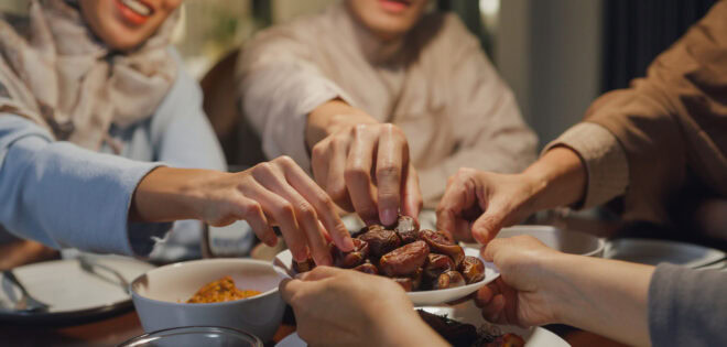 close up dates fruit dish eid mubarak muslim asia family have iftar dinner to break feast. traditional food during ramadan fasting month at home, the islamic halal eating drinking at modern islam.